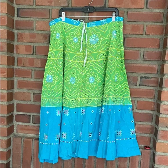 Boho one size adjustable Green and Blue Women's Skirt midi- max cotton sequined - Picture 2 of 6